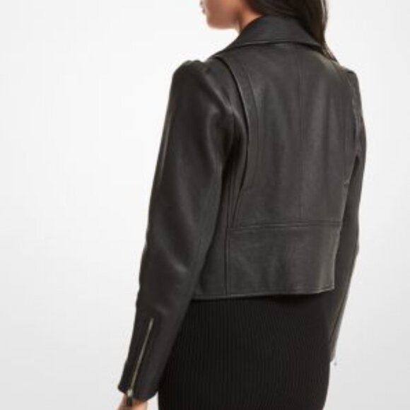 Michael Kors Genuine Pebbled Leather Puff-Sleeve Moto Jacket - Picture 2 of 2